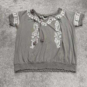 INC International Concept Smocked Embroidered Tasseled Top Womens 1X Gray Casual
